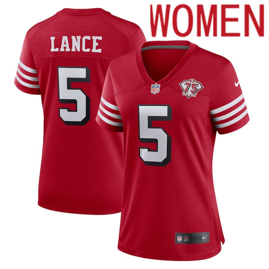 Women San Francisco 49ers #5 Trey Lance Nike Scarlet 75th Anniversary Alternate Player Game NFL Jersey->women nfl jersey->Women Jersey